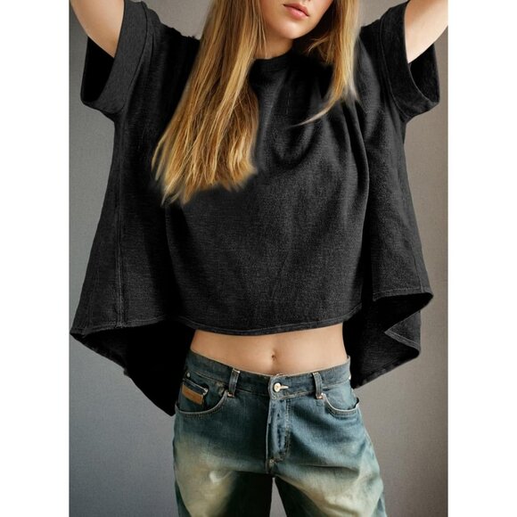 🆕 Women Black Dolman Sleeve Tops Loose Oversized Crewneck Flowy T Shirts Basic - Picture 3 of 5